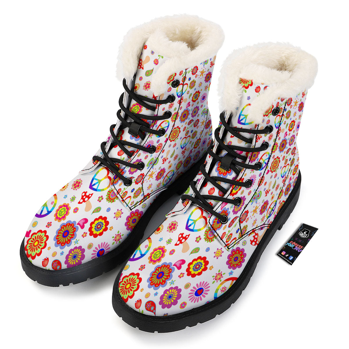 Heart Psychedelic Peace Sign Print Pattern Winter Boots-grizzshop