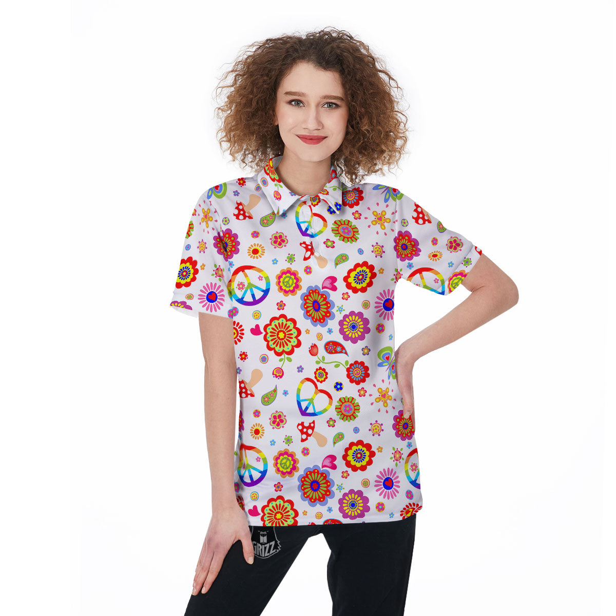 Heart Psychedelic Peace Sign Print Pattern Women's Golf Shirts-grizzshop
