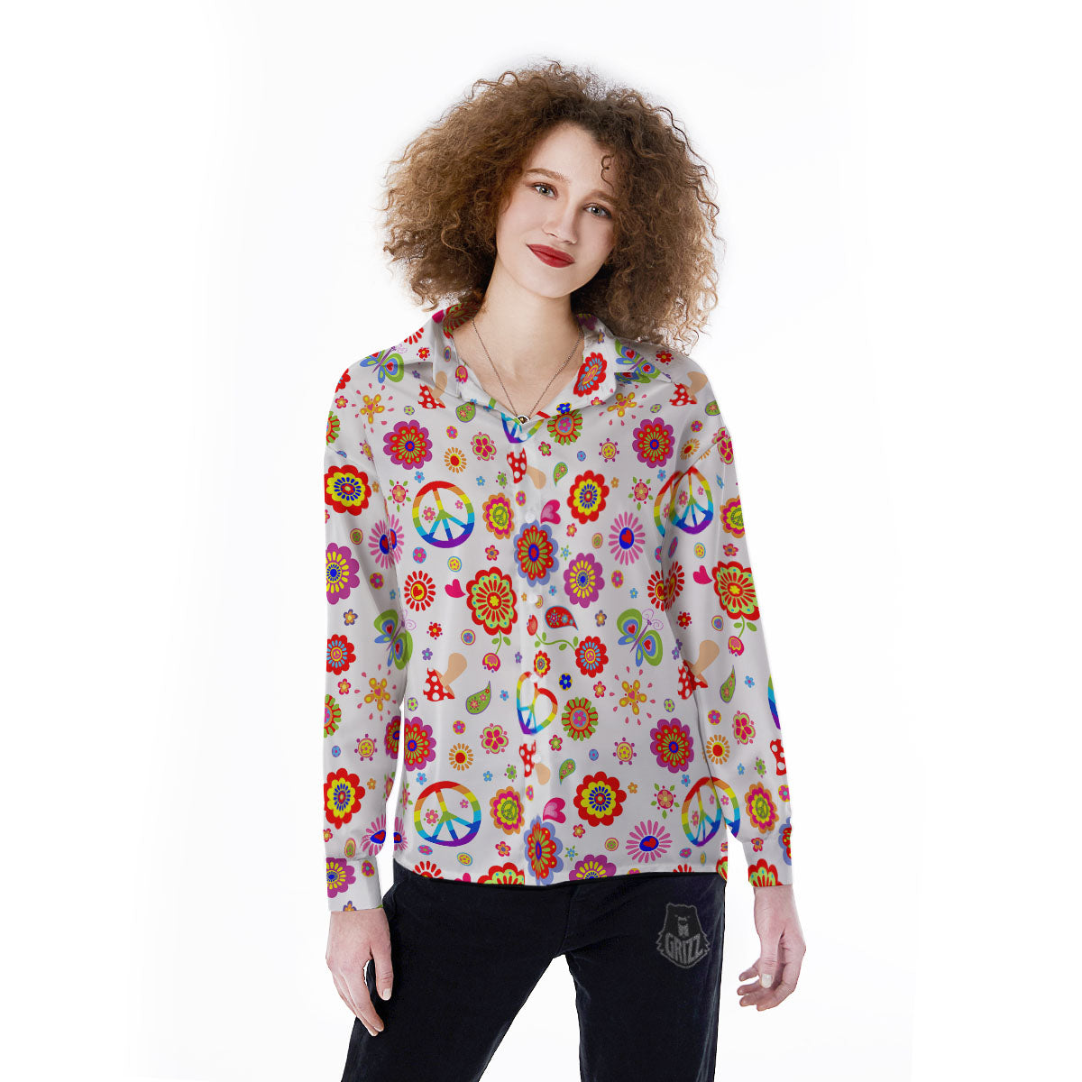 Heart Psychedelic Peace Sign Print Pattern Women's Long Sleeve Shirts-grizzshop