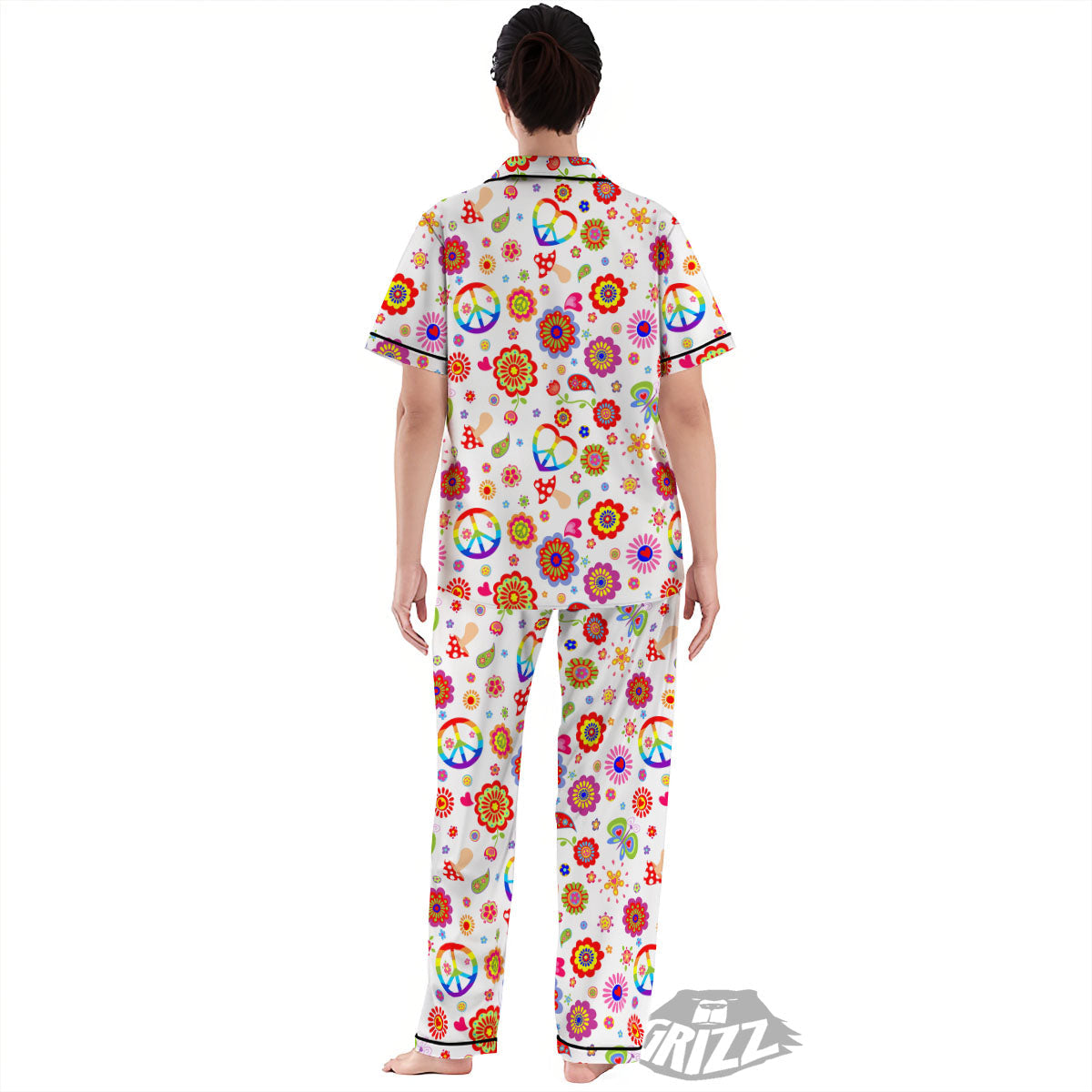 Heart Psychedelic Peace Sign Print Pattern Women's Pajamas Set-grizzshop