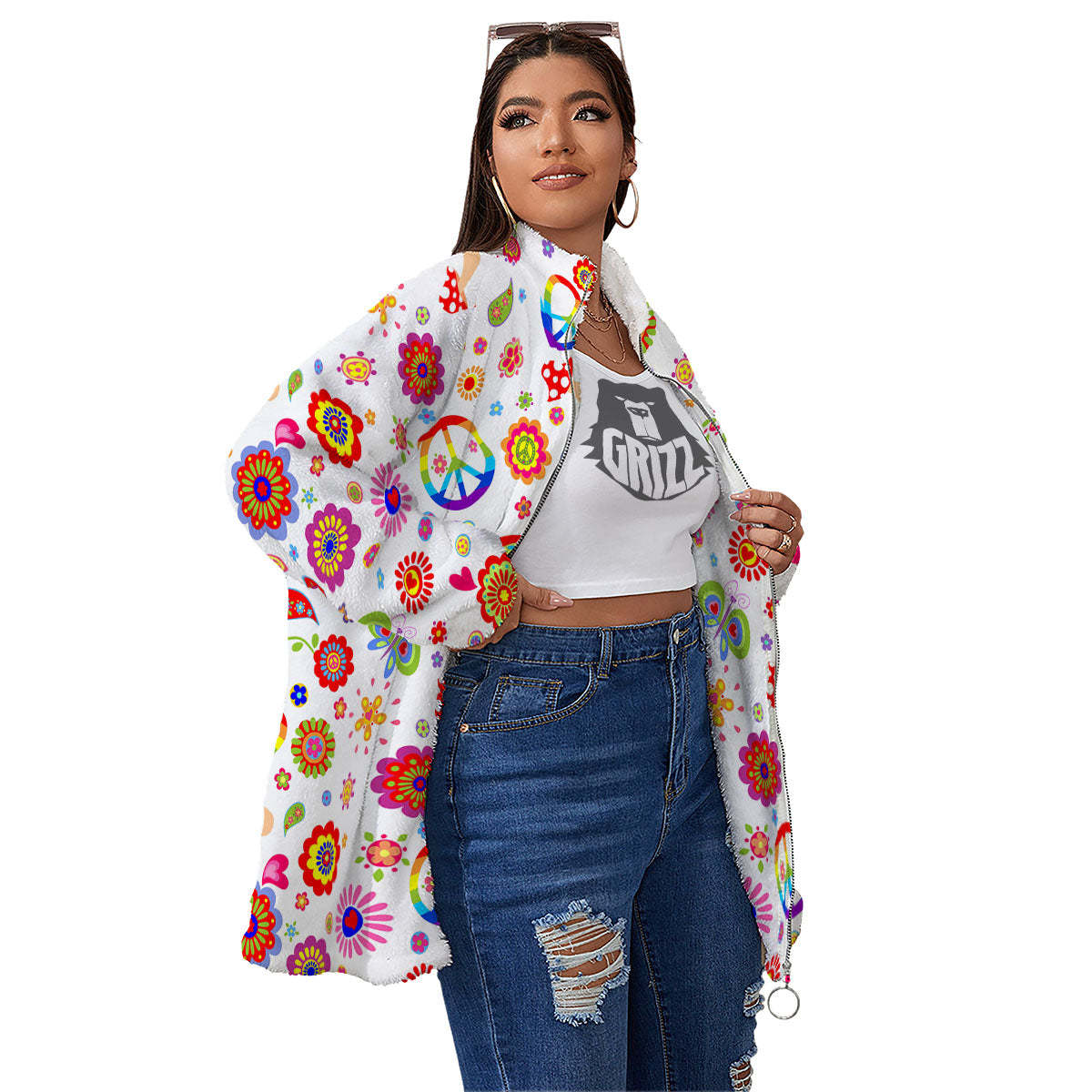 Heart Psychedelic Peace Sign Print Pattern Women's Sherpa Jacket-grizzshop