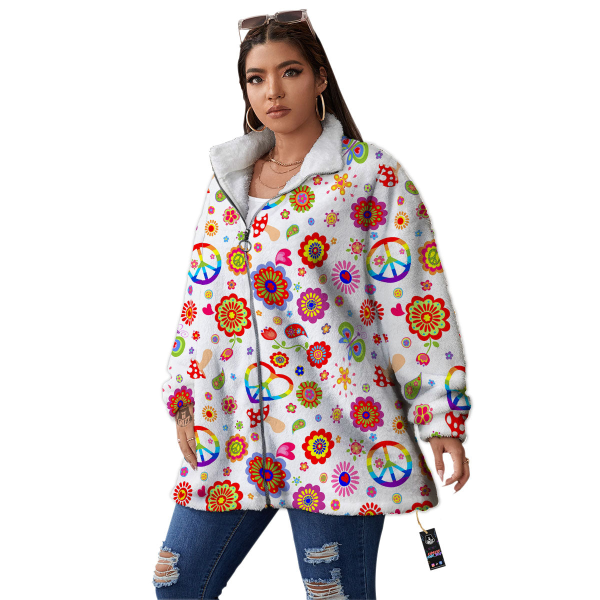 Heart Psychedelic Peace Sign Print Pattern Women's Sherpa Jacket-grizzshop