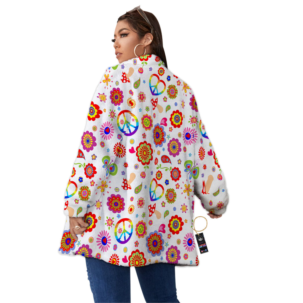 Heart Psychedelic Peace Sign Print Pattern Women's Sherpa Jacket-grizzshop