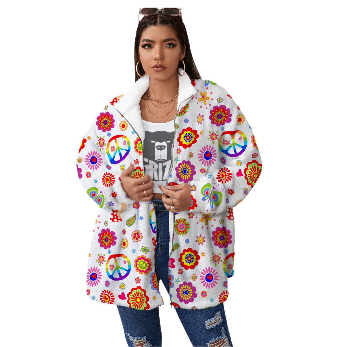 Heart Psychedelic Peace Sign Print Pattern Women's Sherpa Jacket-grizzshop