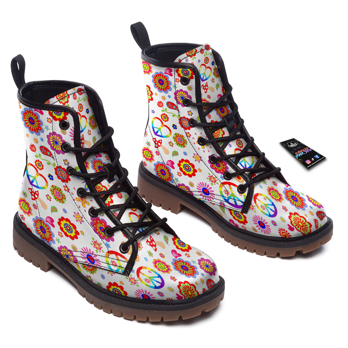 Heart Psychedelic Peace Sign Print Pattern Work Boots-grizzshop