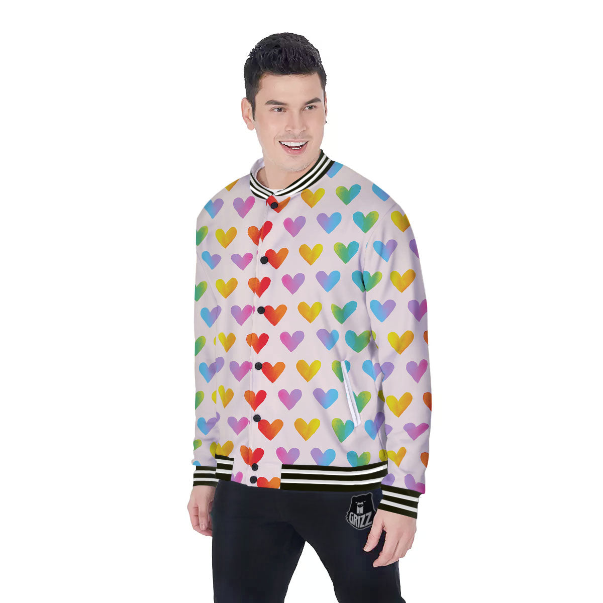 Heart Rainbow Print Pattern Baseball Jacket-grizzshop