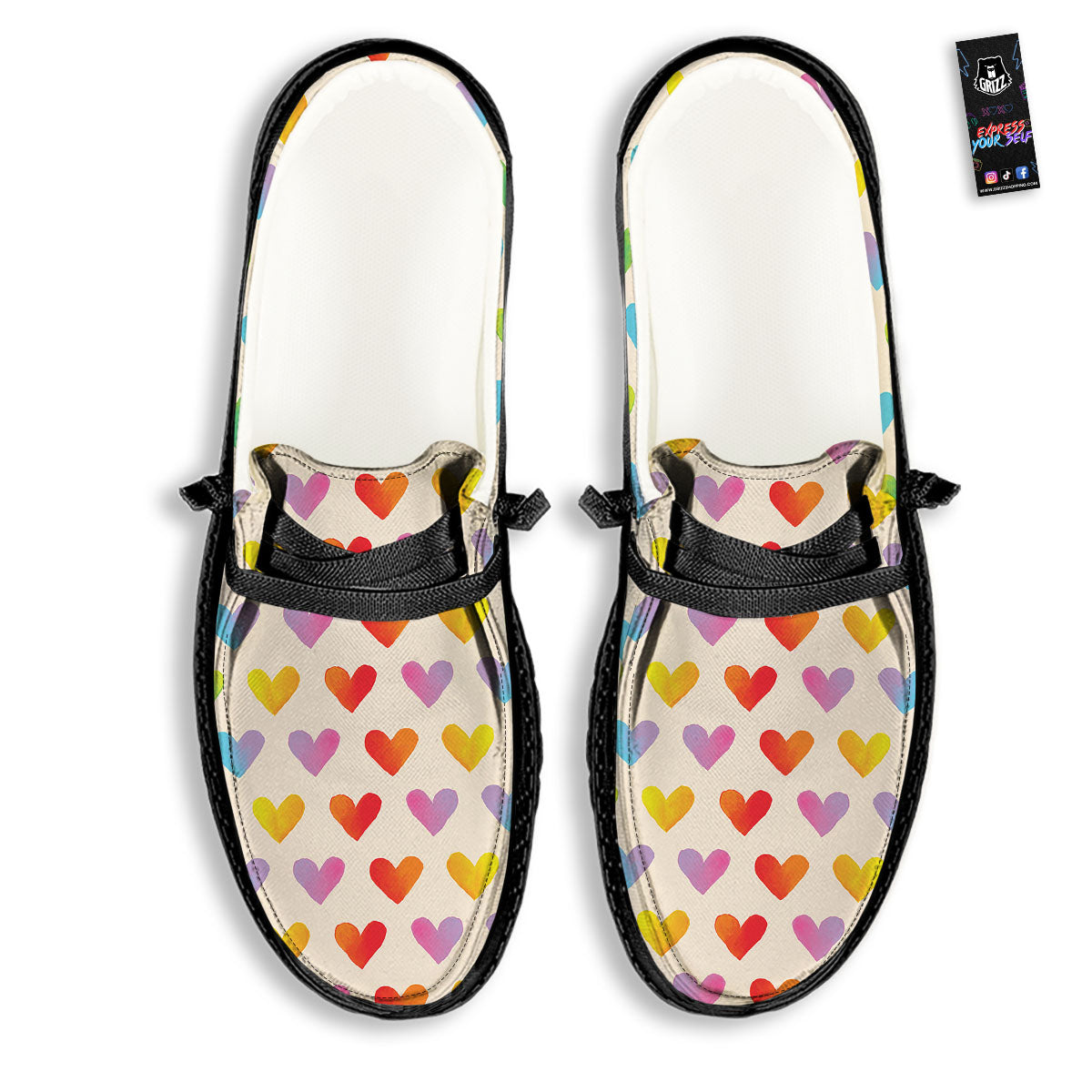 Heart Rainbow Print Pattern Black Loafers-grizzshop