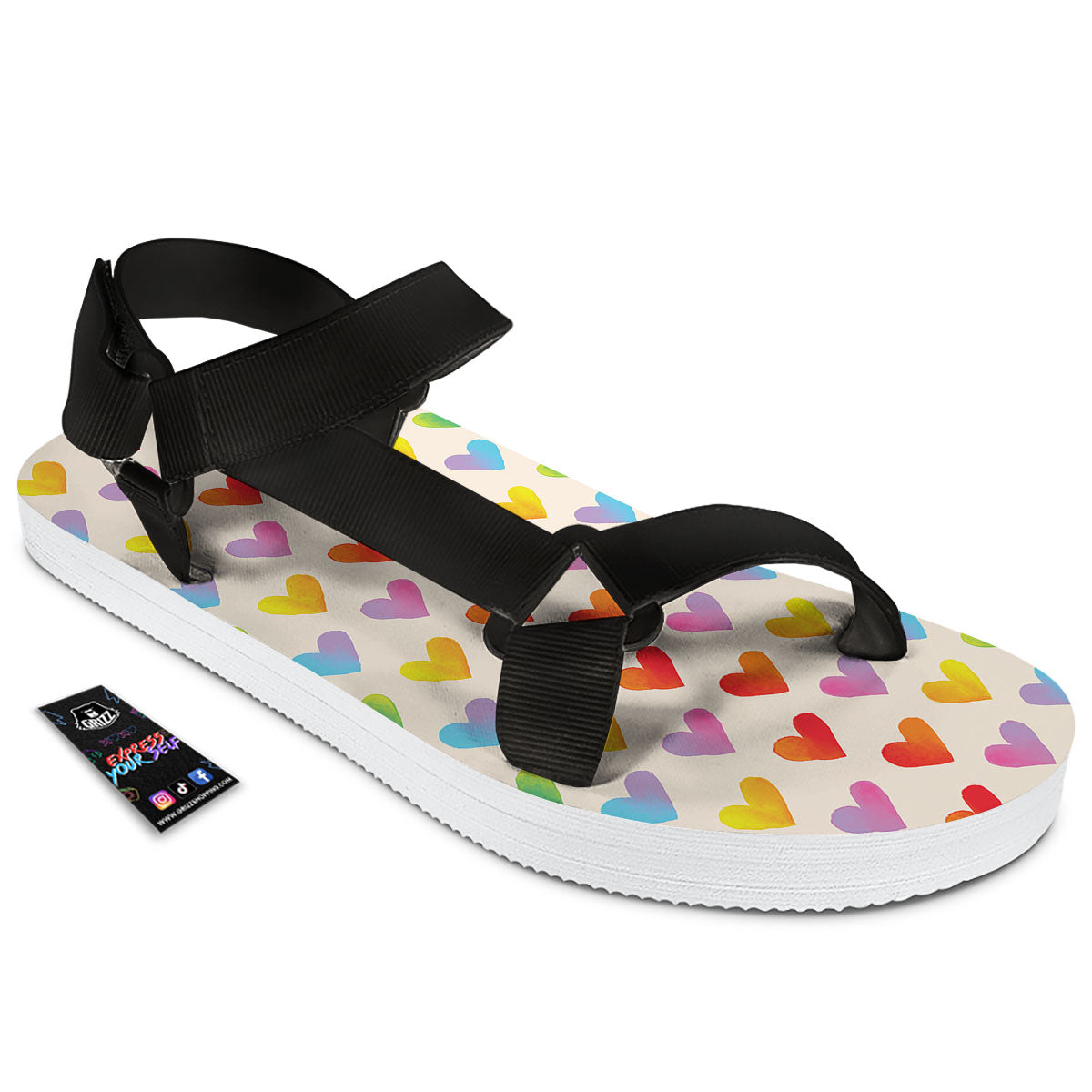 Heart Rainbow Print Pattern Black Open Toe Sandals-grizzshop