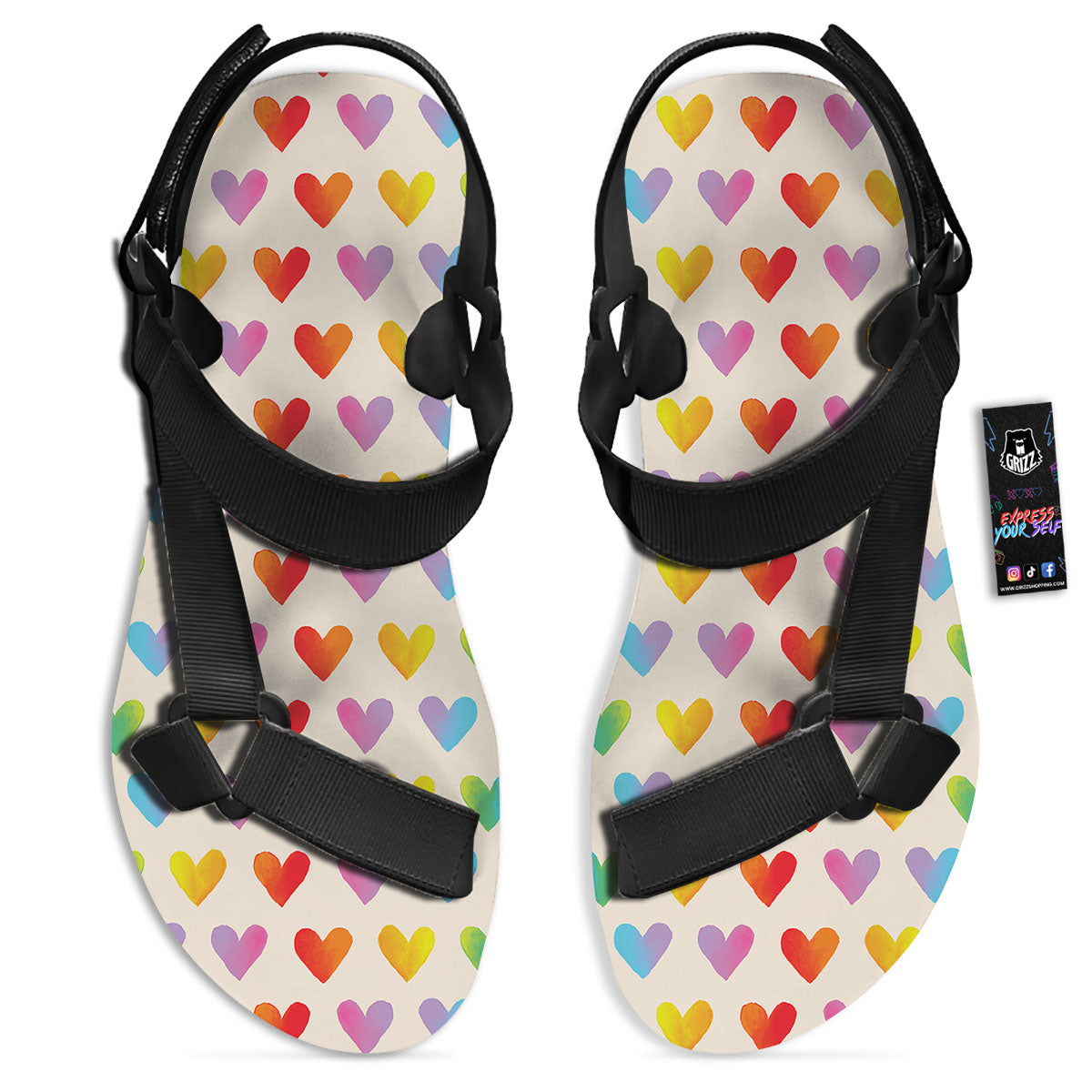 Heart Rainbow Print Pattern Black Open Toe Sandals-grizzshop