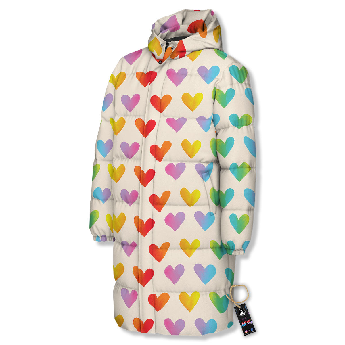 Heart Rainbow Print Pattern Long Down Jacket-grizzshop