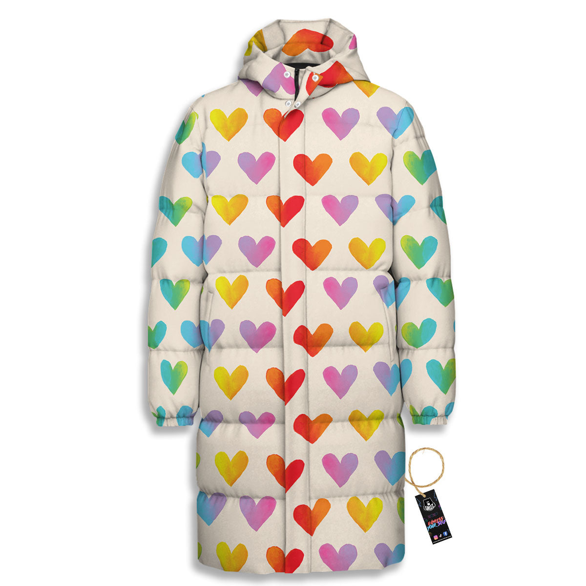 Heart Rainbow Print Pattern Long Down Jacket-grizzshop