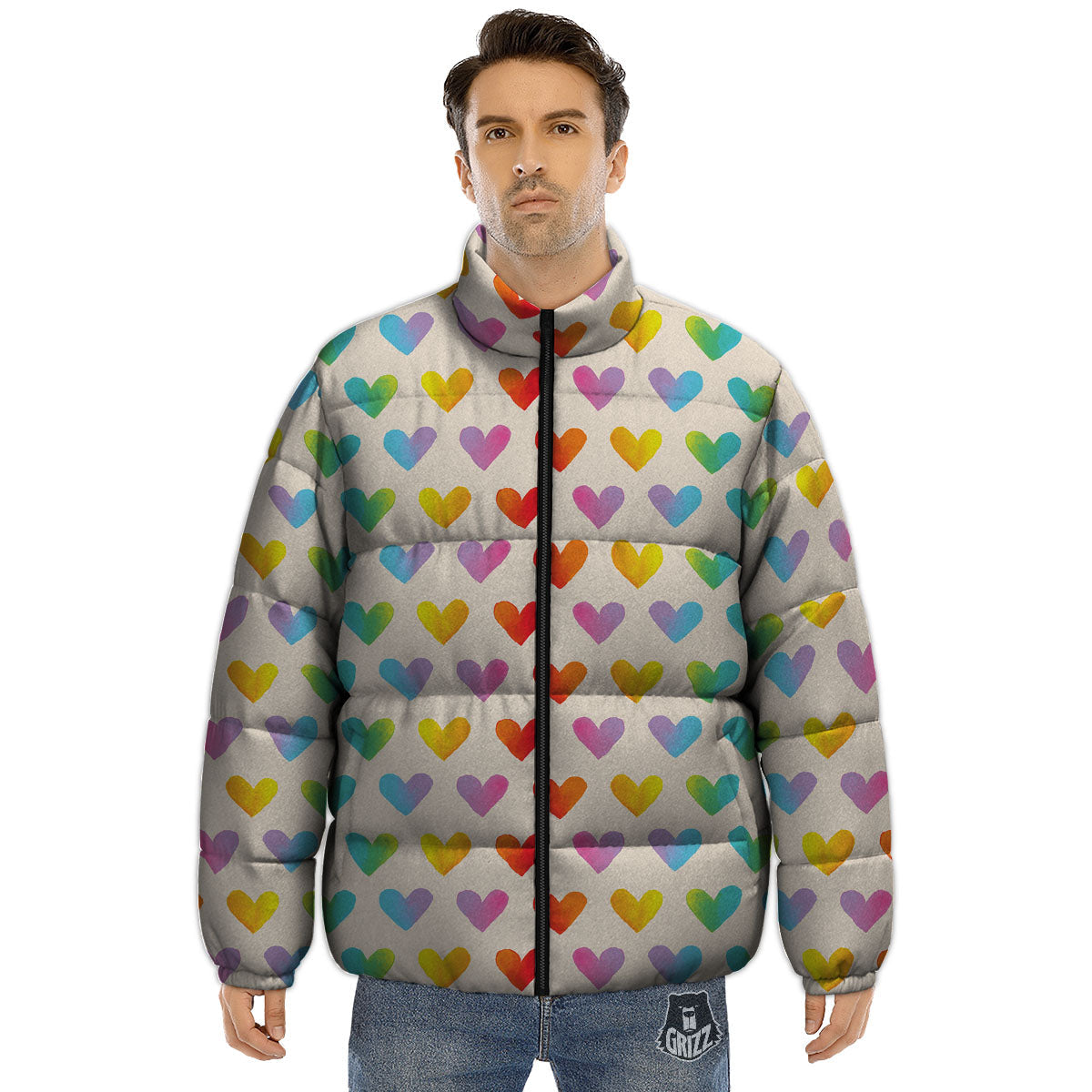 Heart Rainbow Print Pattern Puffer Jacket-grizzshop