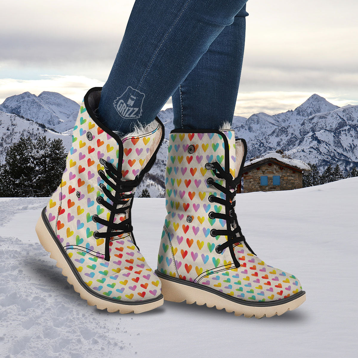 Heart Rainbow Print Pattern Snow Boots-grizzshop