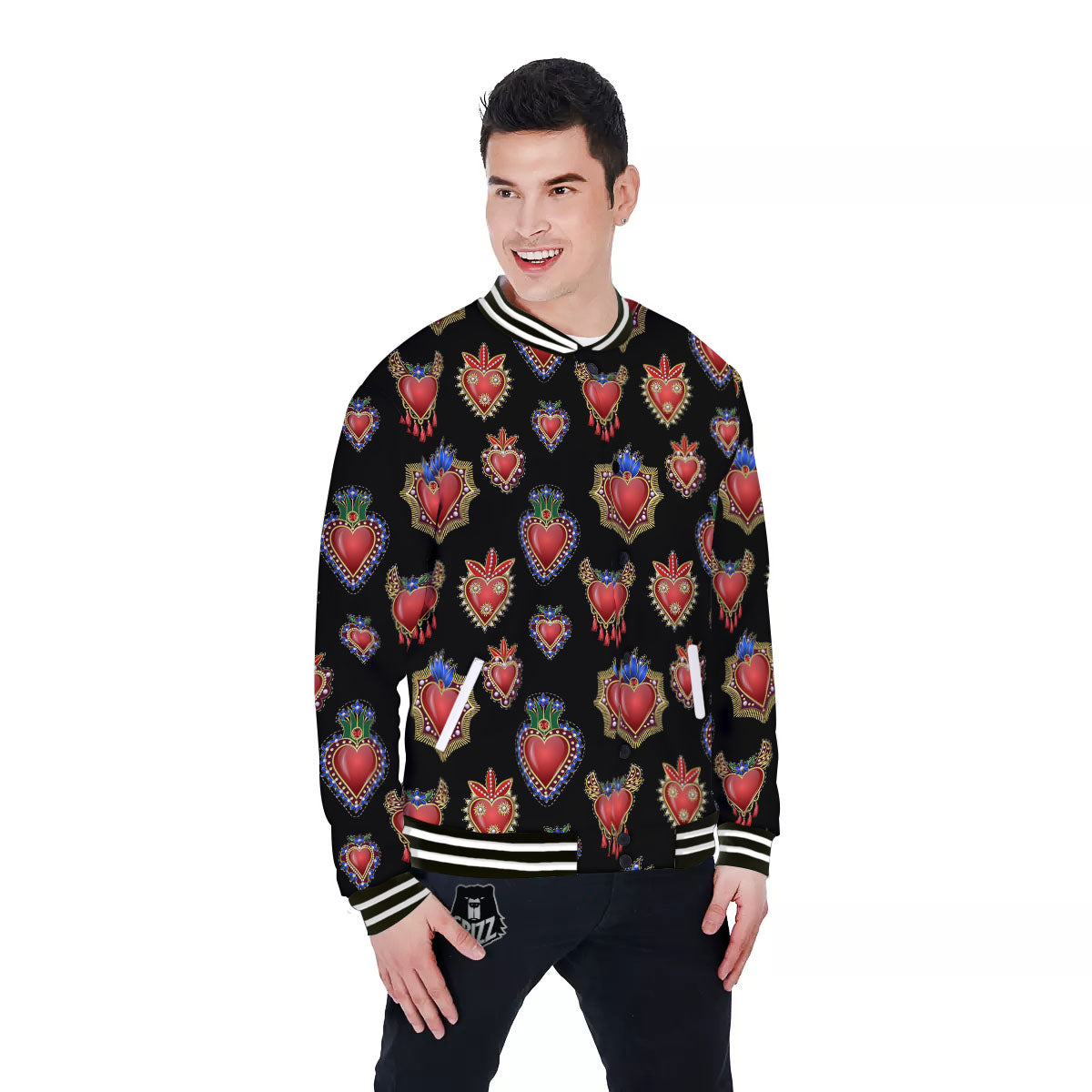 Heart Sacred Print Pattern Baseball Jacket-grizzshop