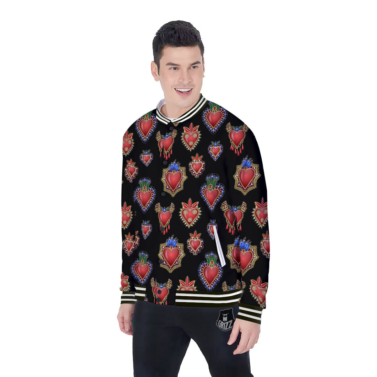 Heart Sacred Print Pattern Baseball Jacket-grizzshop