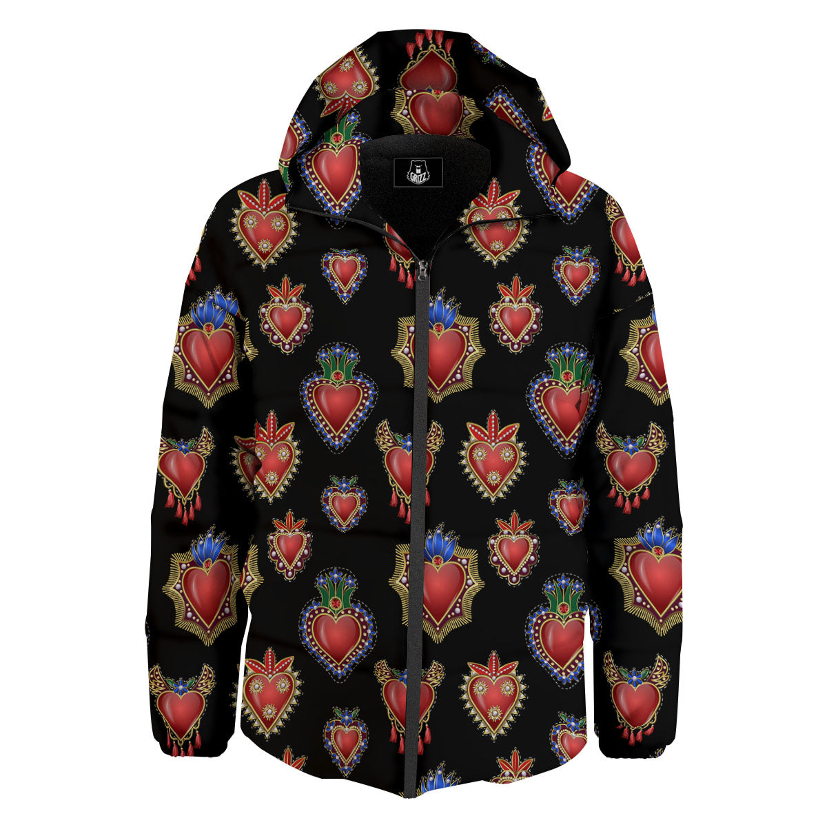 Heart Sacred Print Pattern Down Jacket-grizzshop