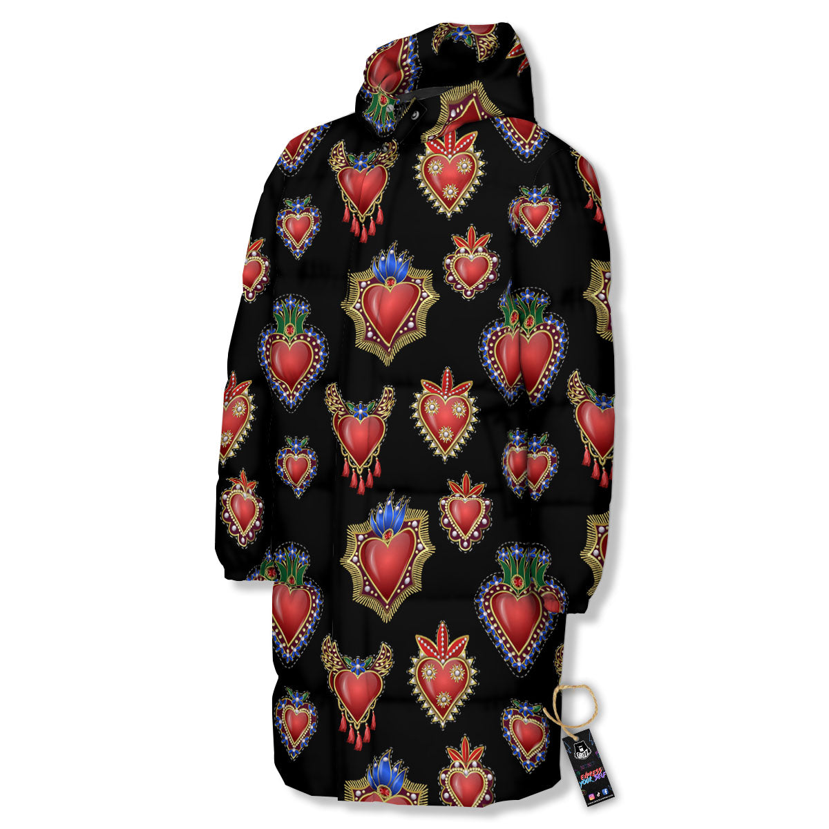 Heart Sacred Print Pattern Long Down Jacket-grizzshop