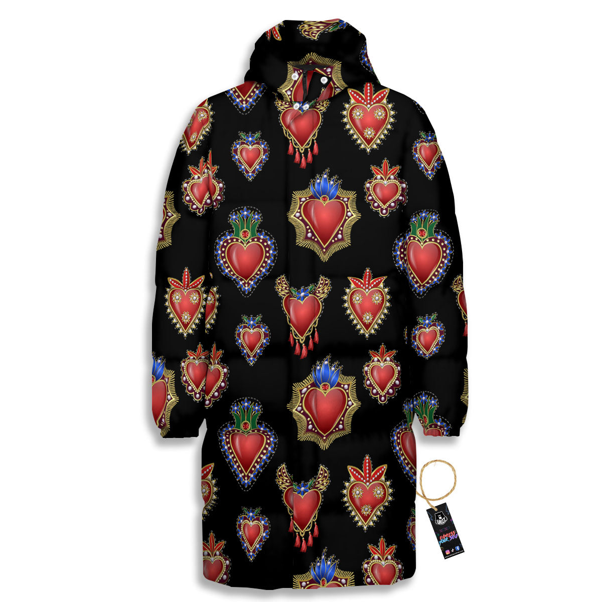 Heart Sacred Print Pattern Long Down Jacket-grizzshop