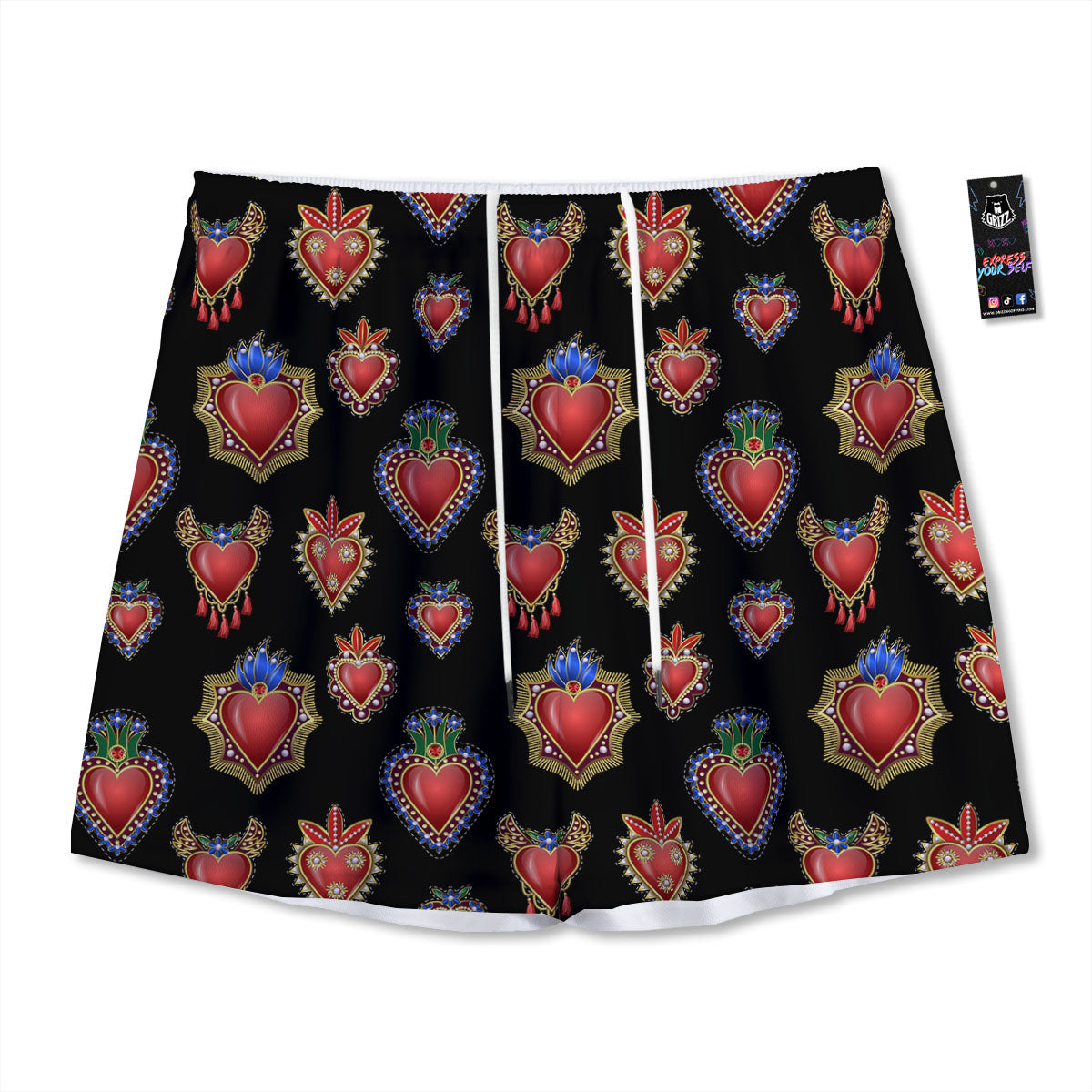 Heart Sacred Print Pattern Mesh Shorts