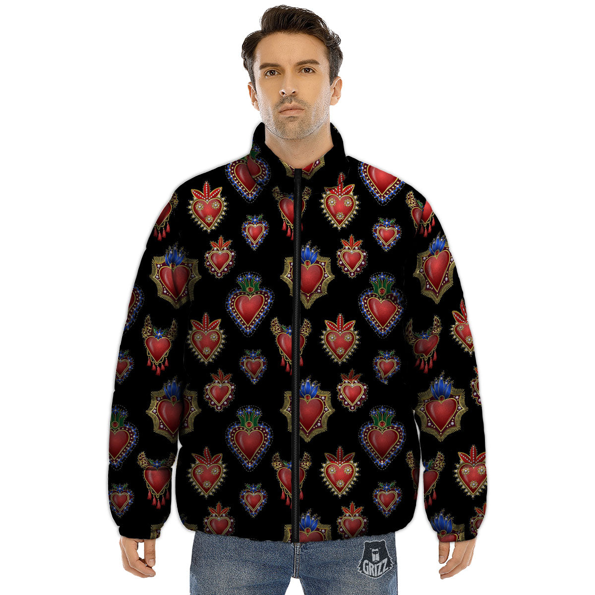 Heart Sacred Print Pattern Puffer Jacket-grizzshop