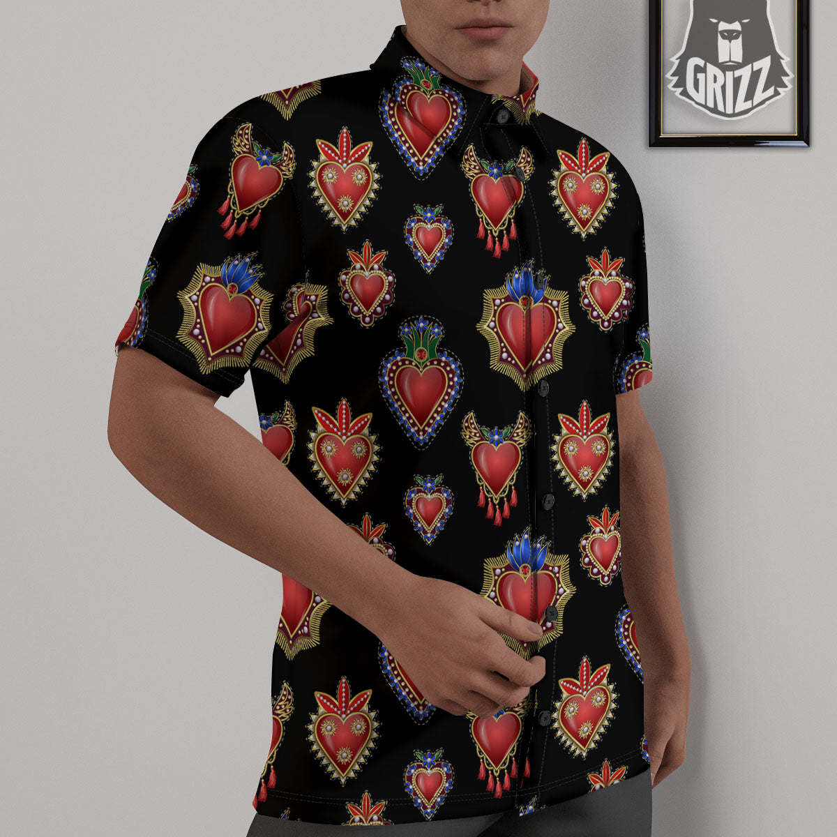 Heart Sacred Print Pattern Untucked Shirts-grizzshop