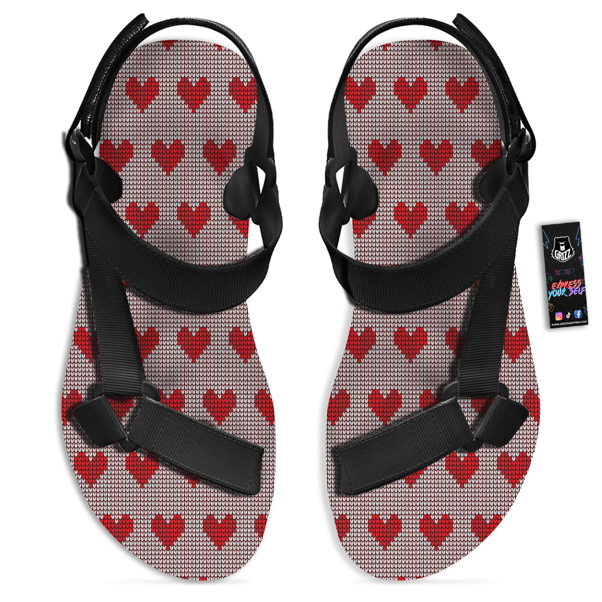 Heart Valentine's Day Print Pattern Black Open Toe Sandals-grizzshop