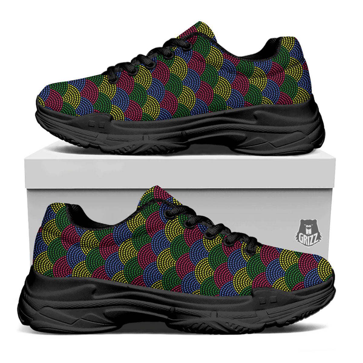 Heart Wave Colorful Print Pattern Black Chunky Shoes-grizzshop