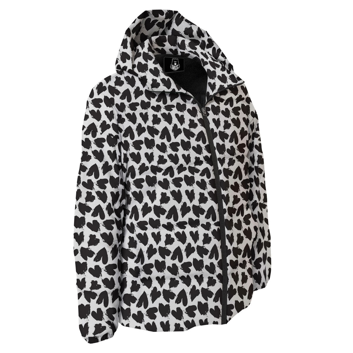Heart White And Black Print Pattern Down Jacket-grizzshop