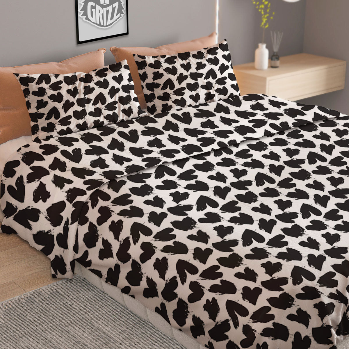 Heart White And Black Print Pattern Duvet Cover Bedding Set