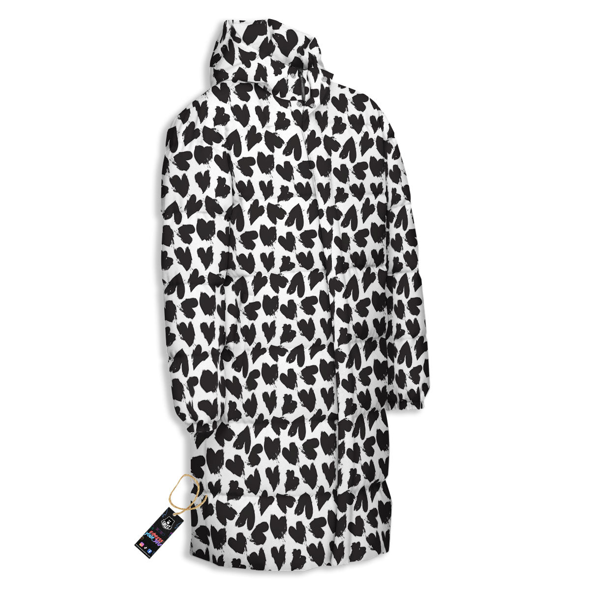 Heart White And Black Print Pattern Long Down Jacket-grizzshop
