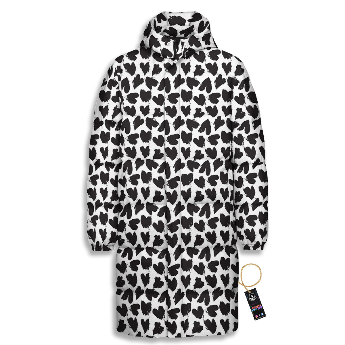 Heart White And Black Print Pattern Long Down Jacket-grizzshop