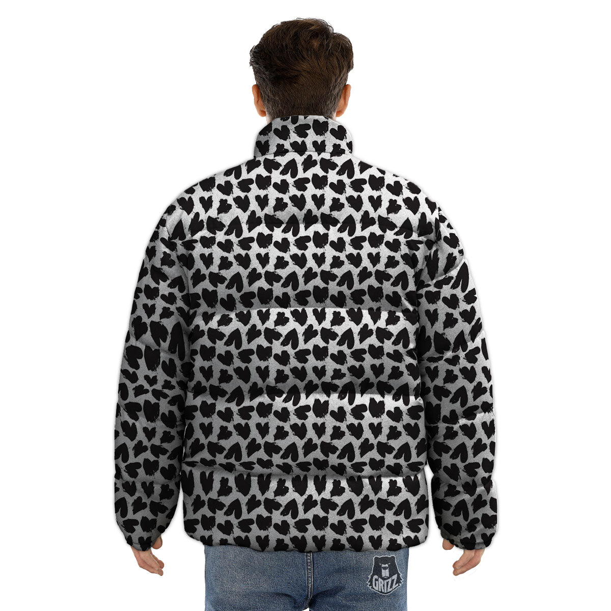 Heart White And Black Print Pattern Puffer Jacket-grizzshop