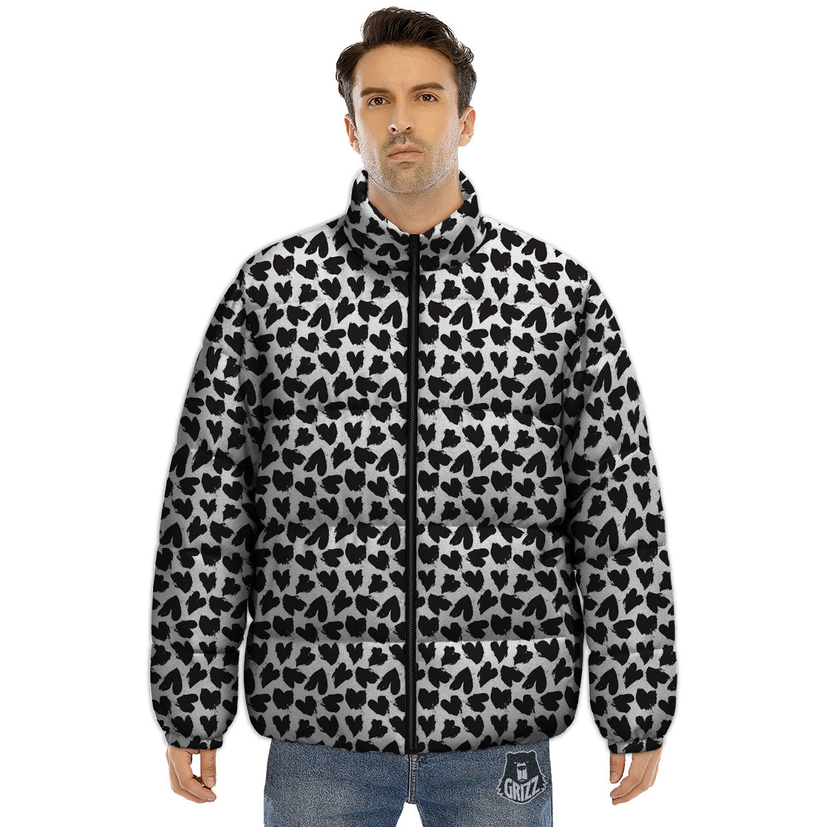 Heart White And Black Print Pattern Puffer Jacket-grizzshop