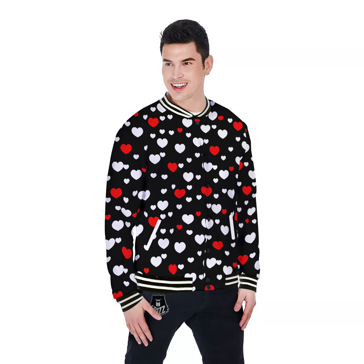 Heart White And Red Print Pattern Baseball Jacket-grizzshop