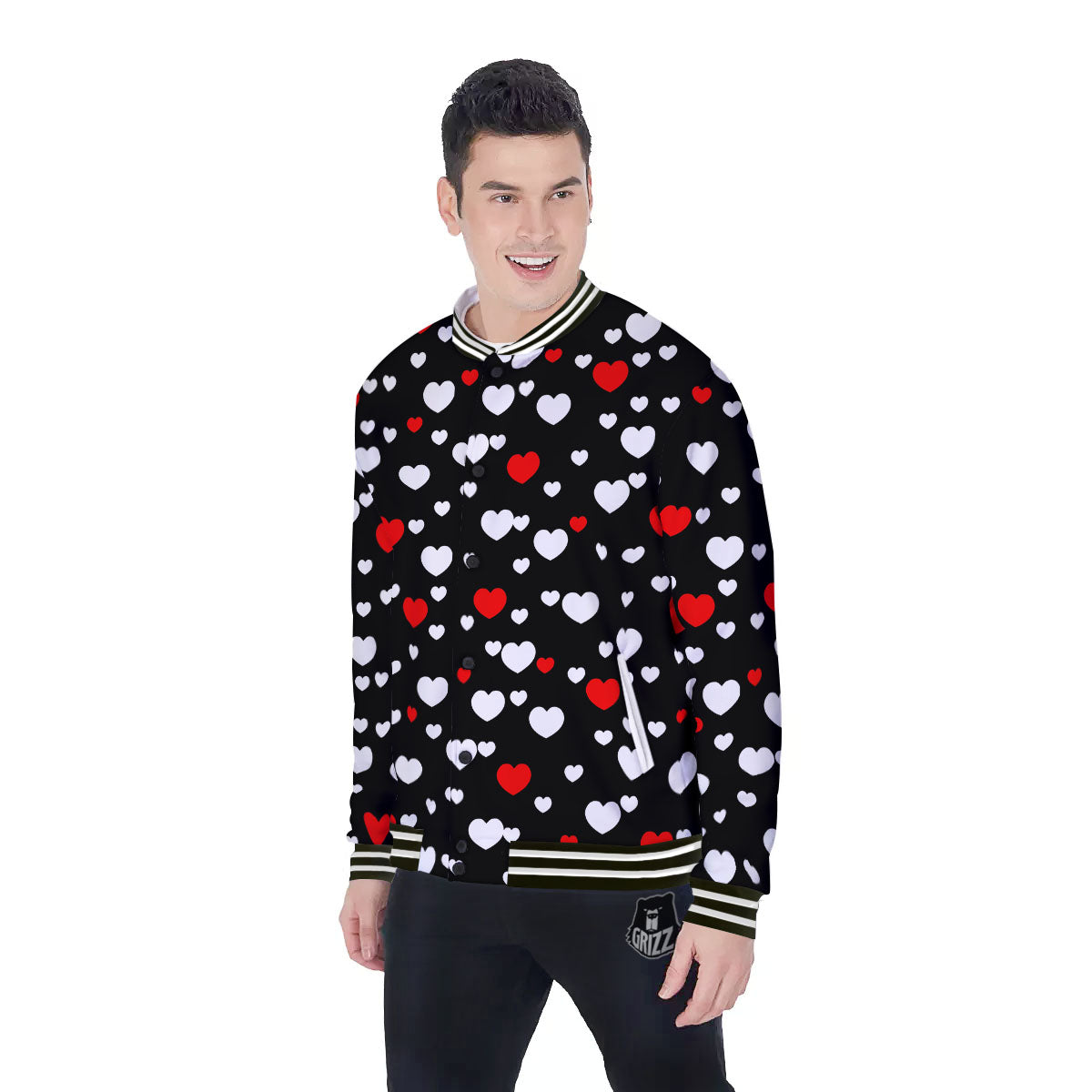 Heart White And Red Print Pattern Baseball Jacket-grizzshop
