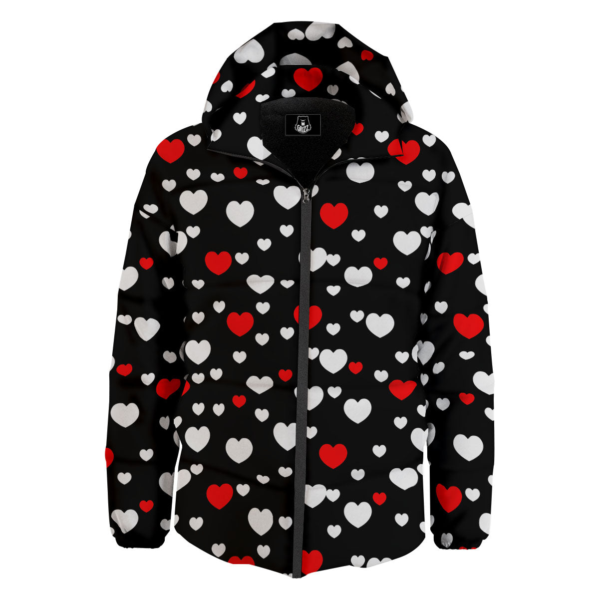 Heart White And Red Print Pattern Down Jacket-grizzshop