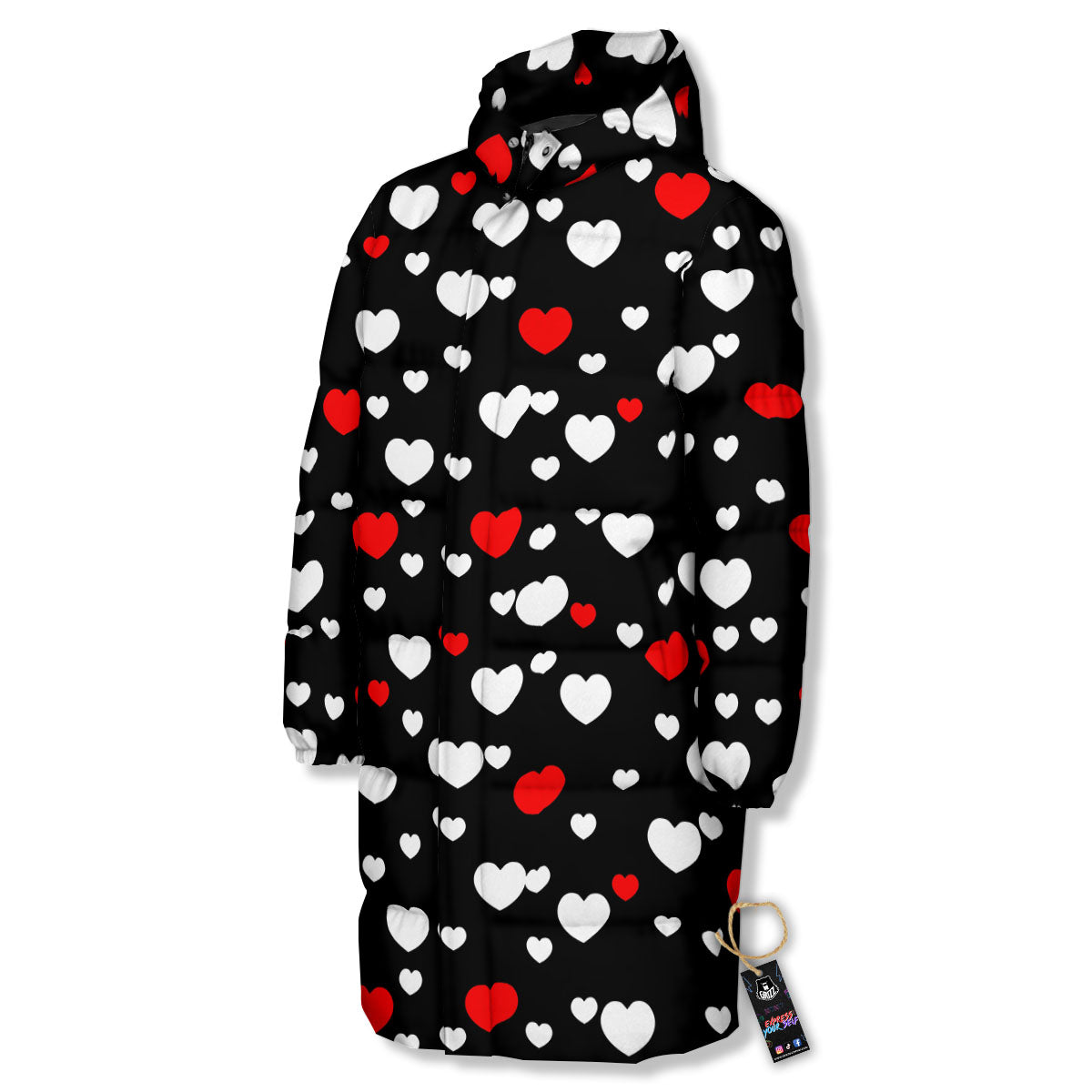 Heart White And Red Print Pattern Long Down Jacket-grizzshop