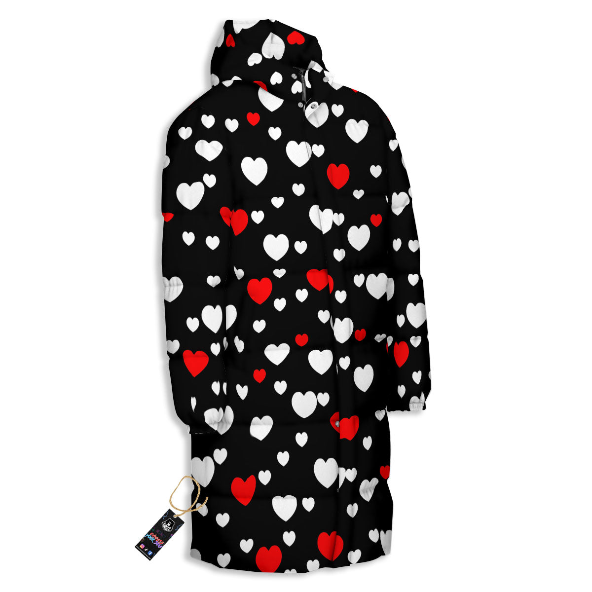 Heart White And Red Print Pattern Long Down Jacket-grizzshop
