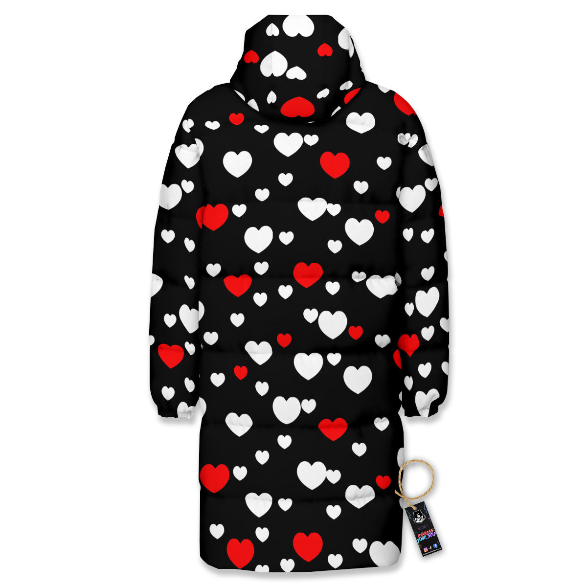 Heart White And Red Print Pattern Long Down Jacket-grizzshop