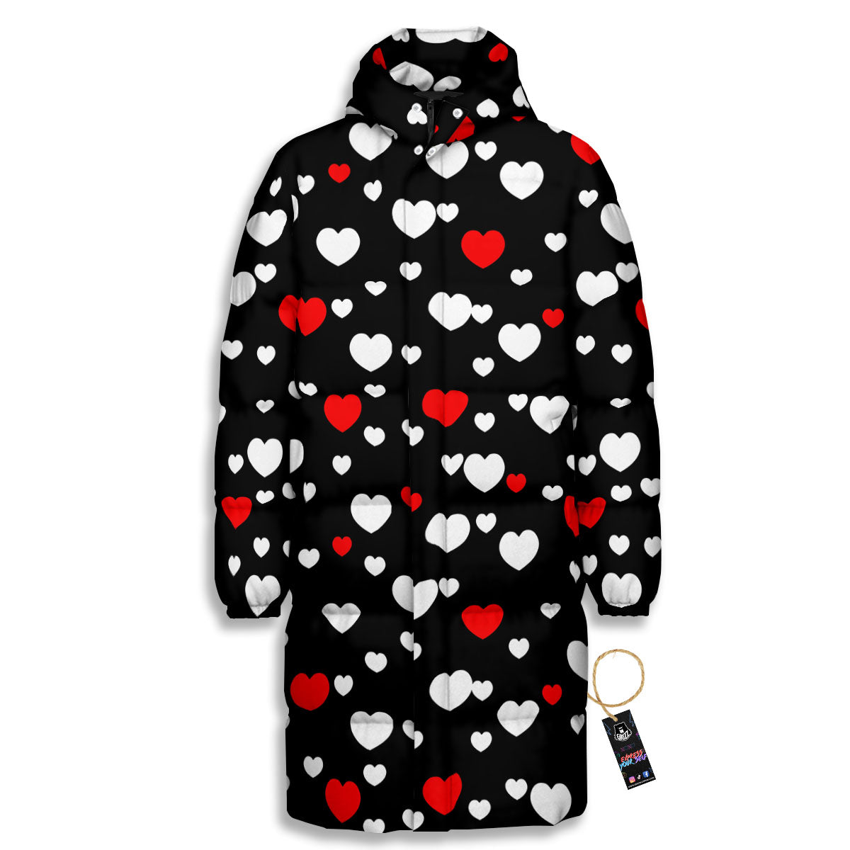 Heart White And Red Print Pattern Long Down Jacket-grizzshop