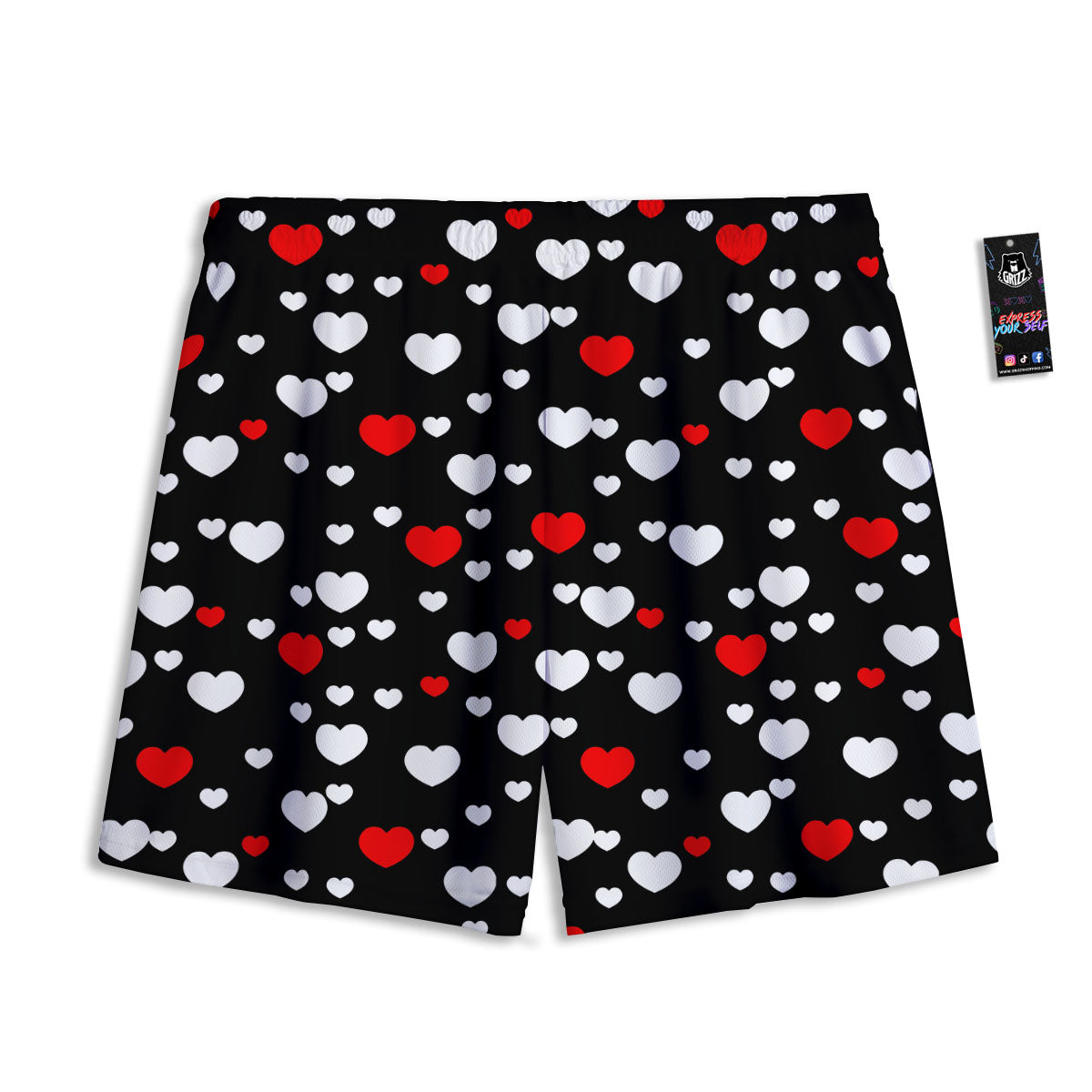 Heart White And Red Print Pattern Mesh Shorts