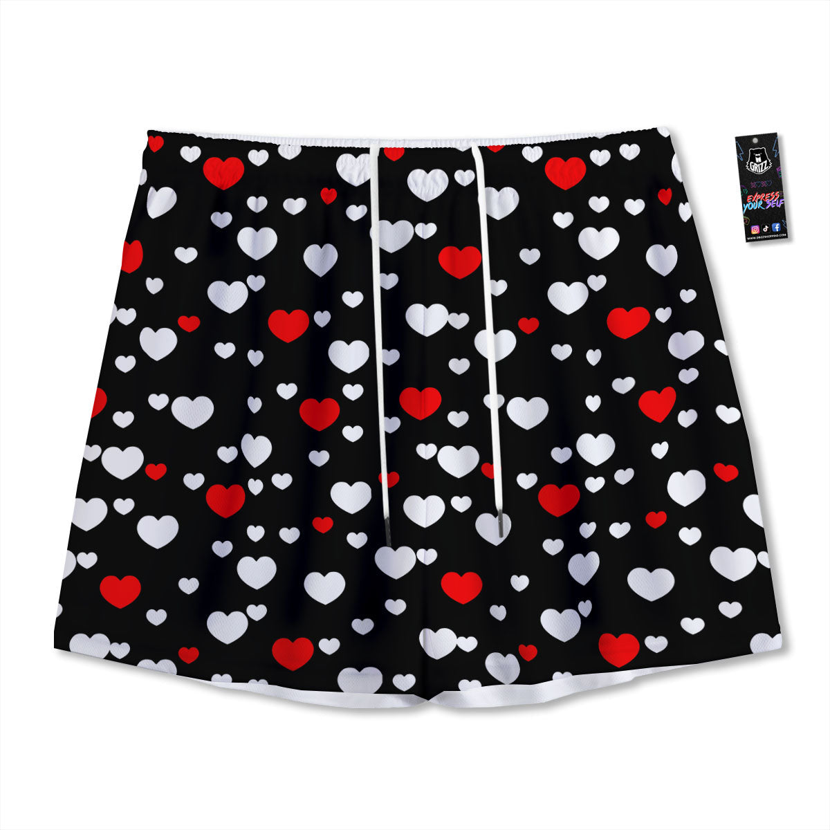 Heart White And Red Print Pattern Mesh Shorts