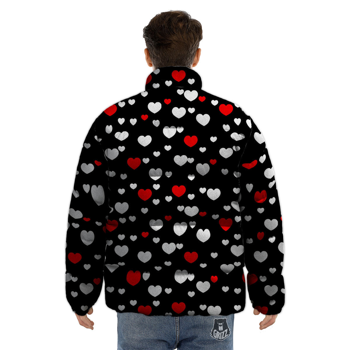 Heart White And Red Print Pattern Puffer Jacket-grizzshop