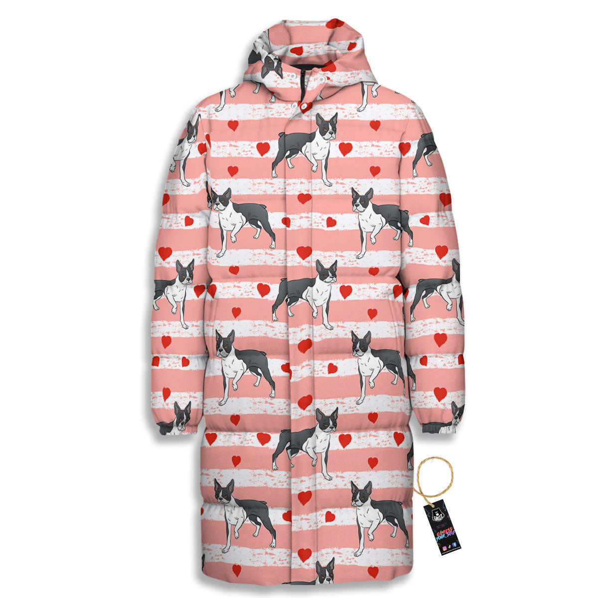 Heart And Boston Terrier Print Pattern Long Down Jacket