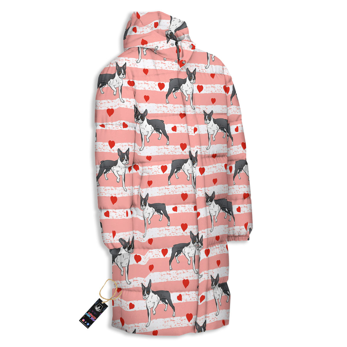 Heart And Boston Terrier Print Pattern Long Down Jacket