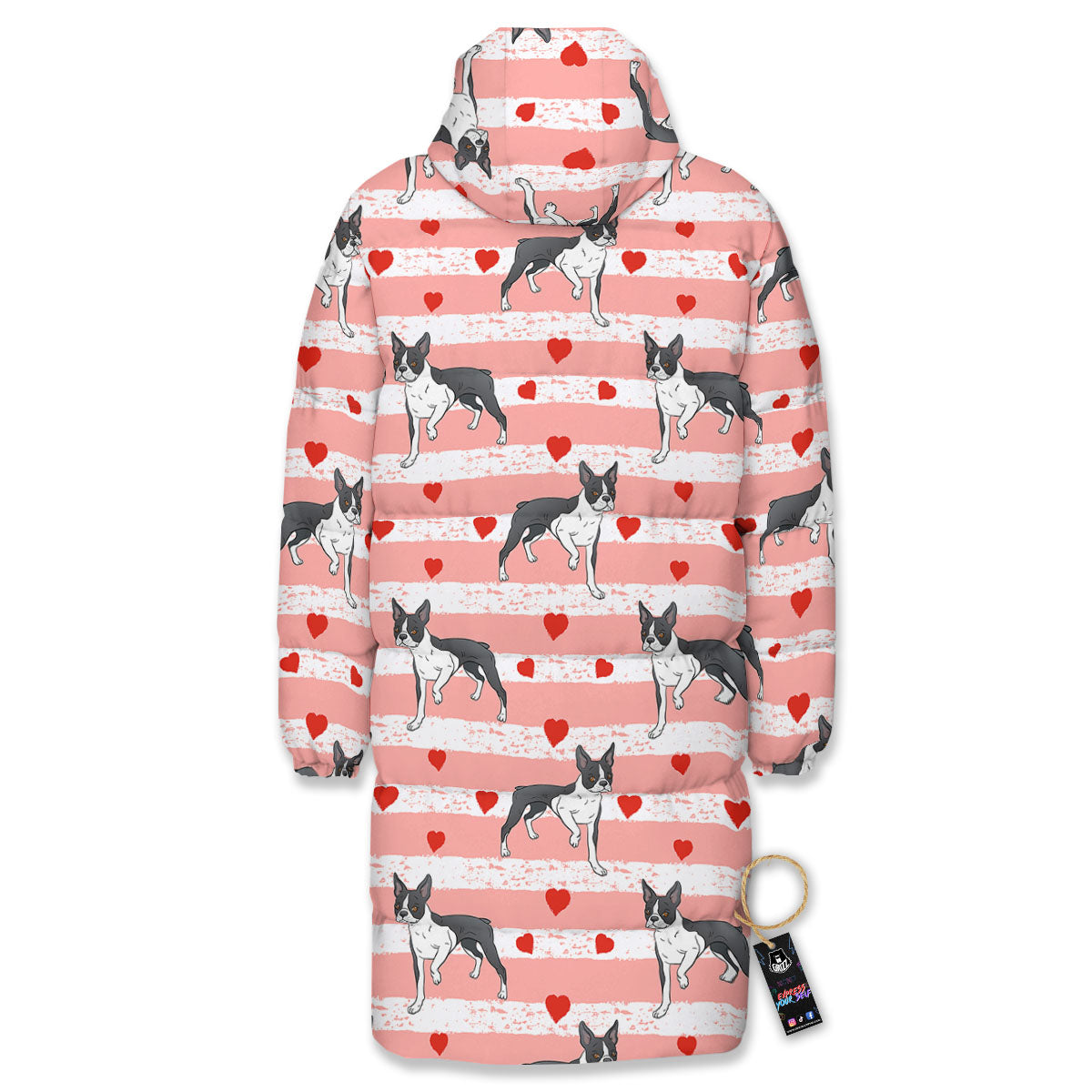 Heart And Boston Terrier Print Pattern Long Down Jacket