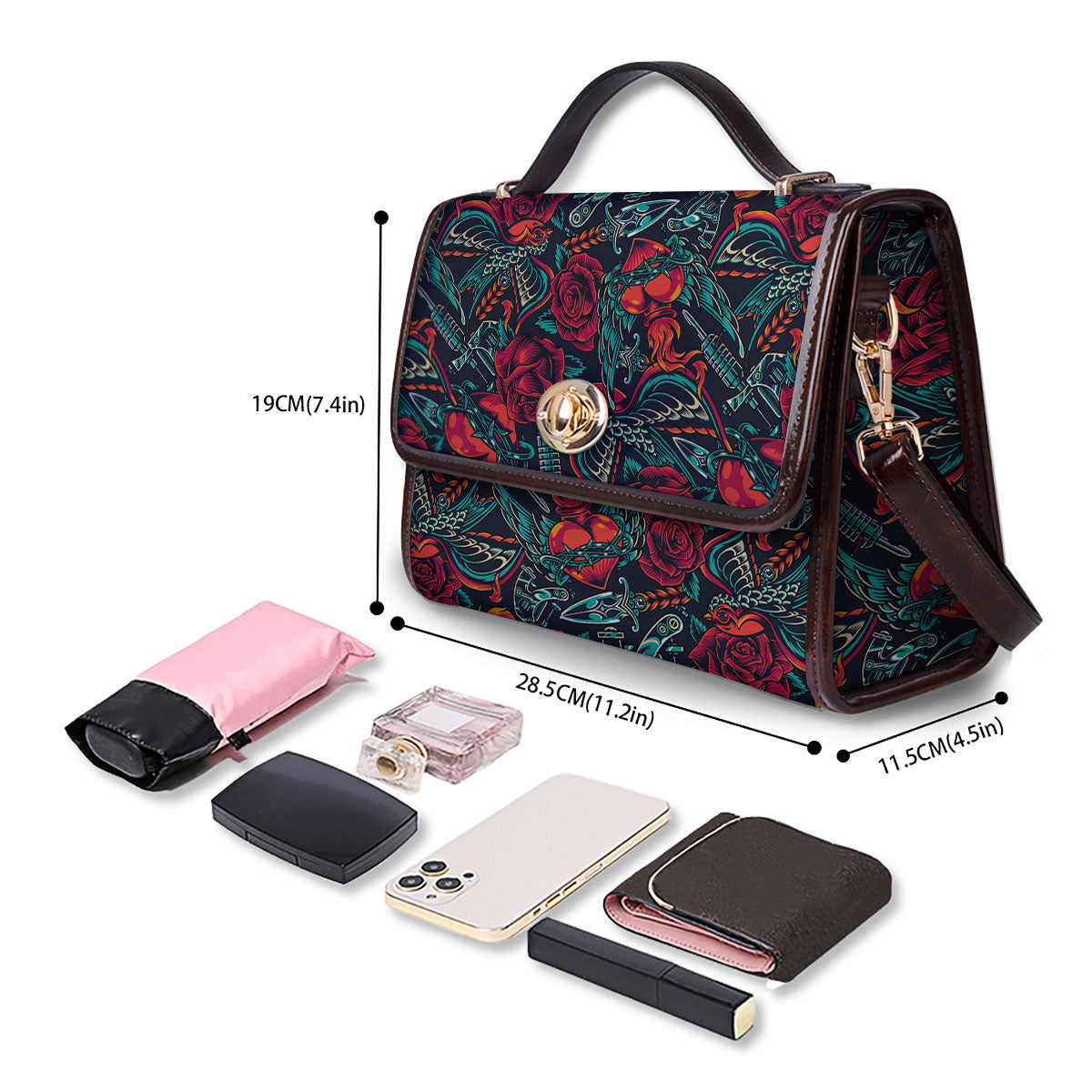 Heart And Rose Print Pattern Women's Satchel Bag