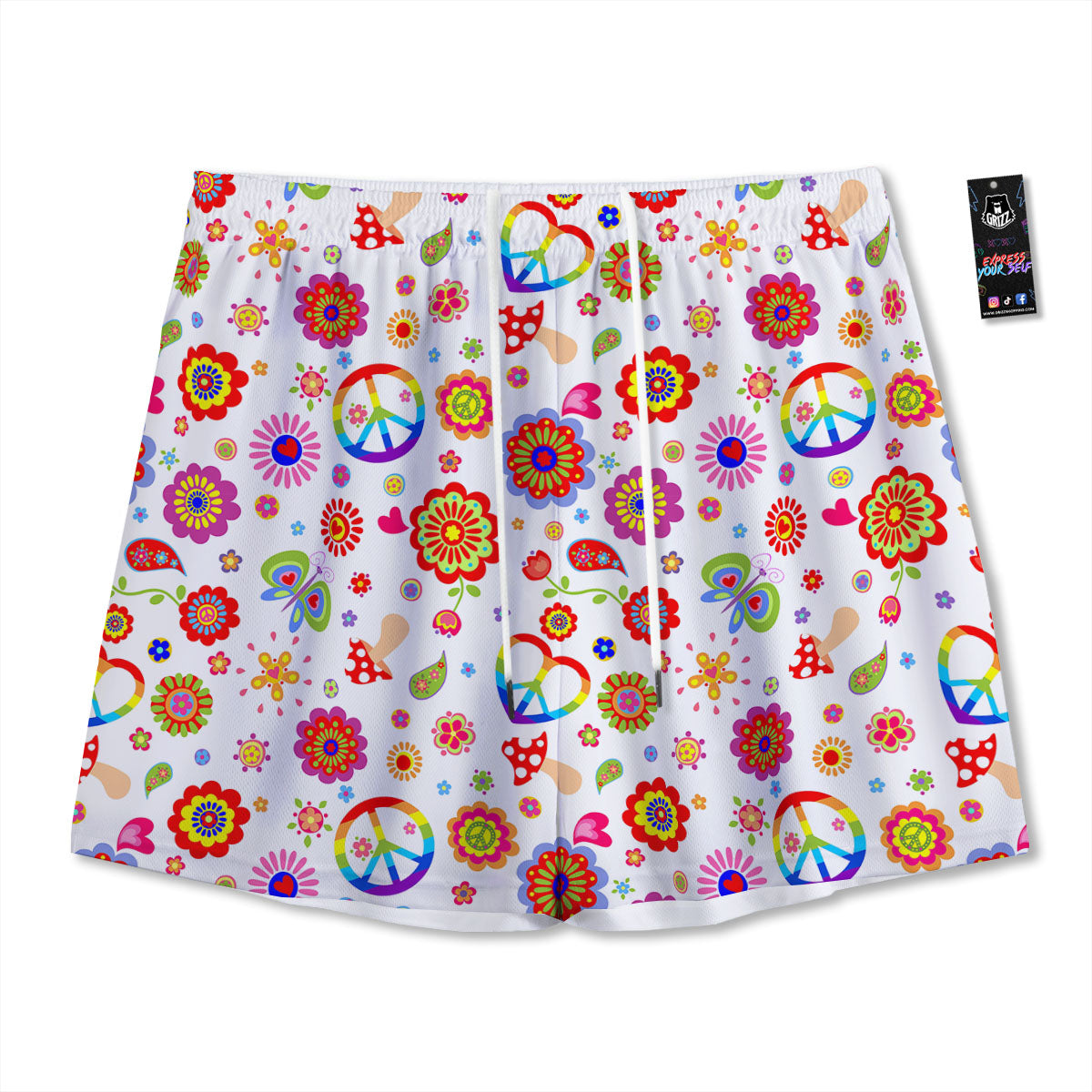 Heart Psychedelic Peace Sign Print Pattern Mesh Shorts