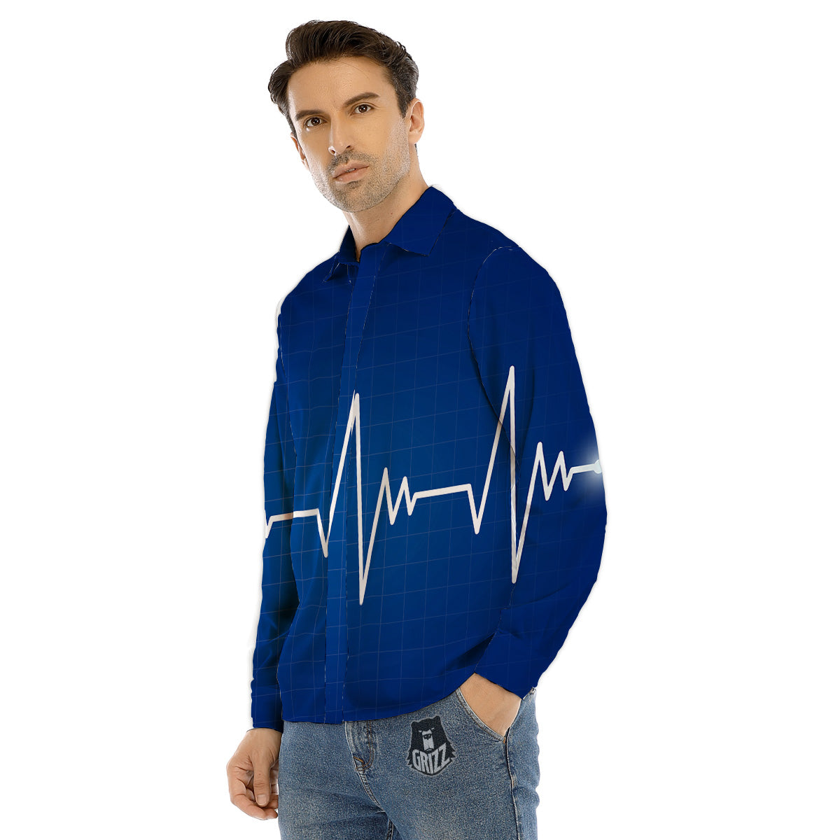 Heartbeat Blue Print Men's Dress Shirts-grizzshop