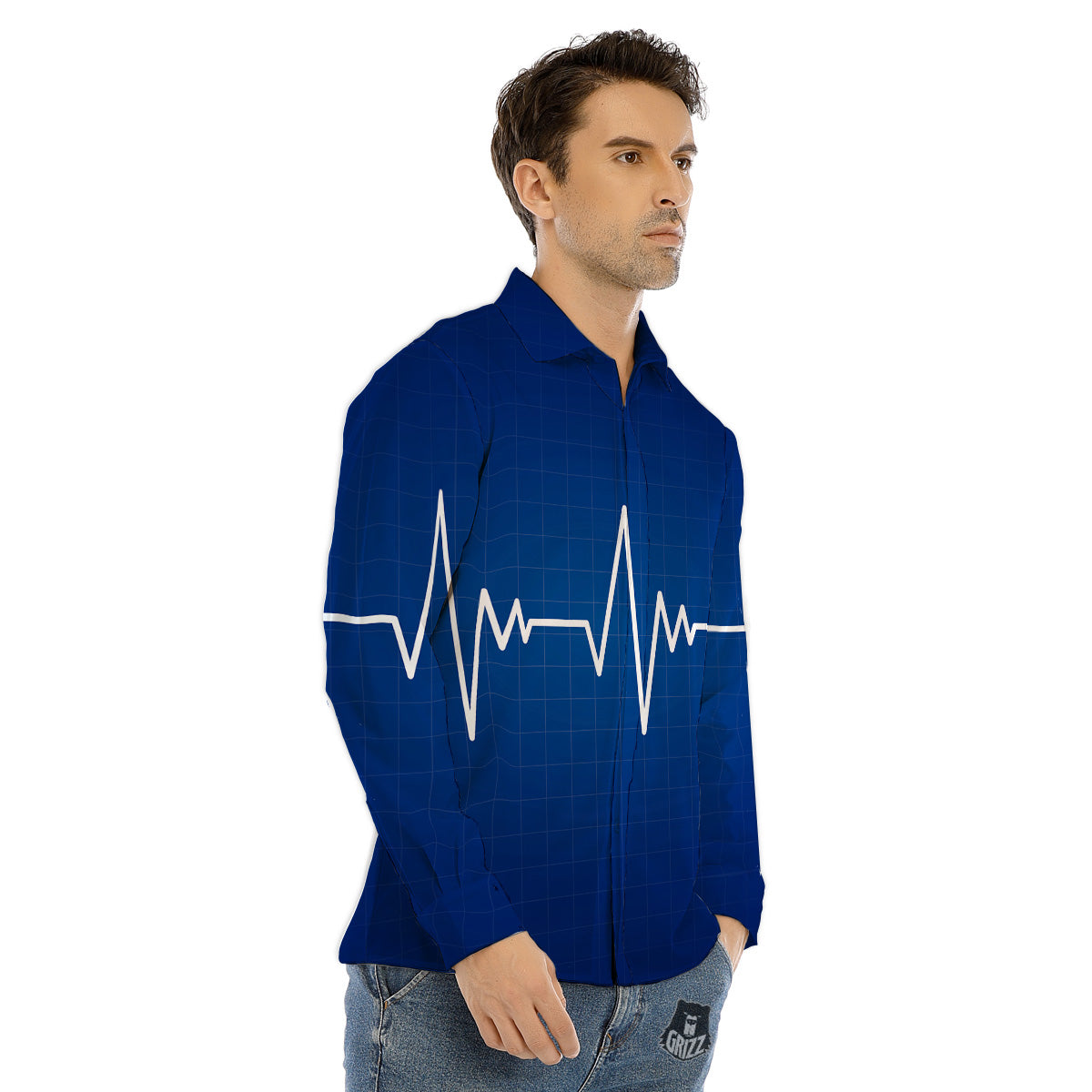 Heartbeat Blue Print Men's Dress Shirts-grizzshop